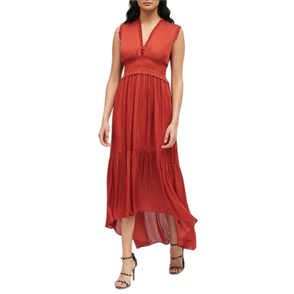 Banana Republic Sleeveless V-Neck High Low Hem Soft Satin Maxi Tiered Dress Sz 8